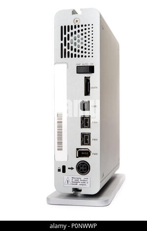 External hard drive isolated on white background. Rear view showing USB, firewire and eSATA ports. Stock Photo