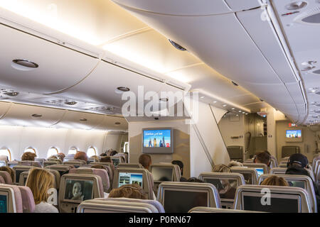 The lower deck of Airbus A 380, a double-deck jet airliner with excellent comfort and space, Copenhagen, April 27, 2018 Stock Photo