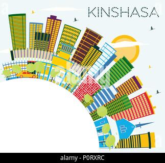 Kinshasa Skyline with Color Buildings, Blue Sky and Copy Space. Vector Illustration. Stock Vector