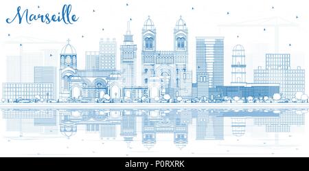 Outline Marseille France City Skyline with Blue Buildings and Reflections. Vector Illustration. Stock Vector