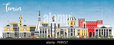Turin Italy City Skyline with Color Buildings and Blue Sky. Vector Illustration. Business Travel and Tourism Concept with Modern Architecture. Stock Vector