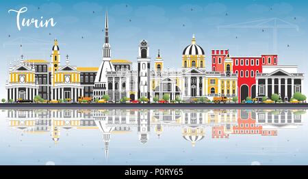 Turin Italy City Skyline with Color Buildings, Blue Sky and Reflections. Vector Illustration. Stock Vector