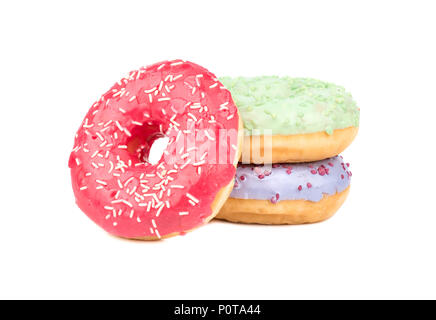 Three donut with multicolored glaze on a white background Stock Photo