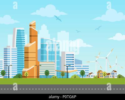 Smart city and suburb vector panorama Stock Vector