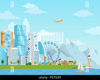 City downtown and suburb vector panorama Stock Vector