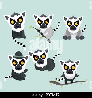 Cute cartoon ring tailed lemurs set. Stock Vector