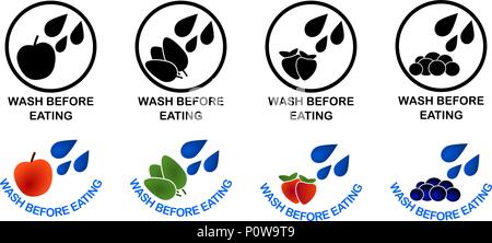 Wash before eating set of symbols. Black and color version sign, drops of water falling on apple, green leaves, strawberries and blueberries. Stock Vector