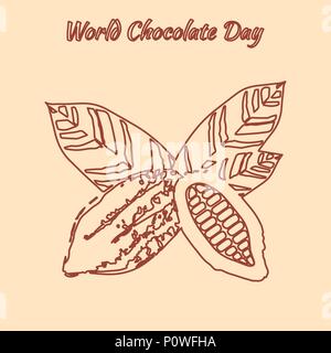 World Chocolate Day. Concept of a delicious holiday. 11 July. Contour drawing - cocoa fruit with leaves Stock Vector