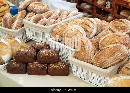 Sourdough and pumpernickel bread for sale at Daylesford Organic farm summer festival. Daylesford, Cotswolds, Gloucestershire, England Stock Photo