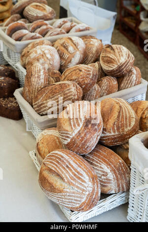 Sourdough bread for sale at Daylesford Organic farm summer festival. Daylesford, Cotswolds, Gloucestershire, England Stock Photo