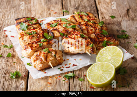 spicy grilled chicken kebab marinated in yoghurt sauce close-up on paper on table. horizontal Stock Photo
