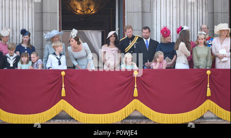 Photo Must Be Credited ©Alpha Press 079965 09/06/2018 Sophie Countess of Wessex Lady Louise Windsor Camilla Duchess Of Cornwall  Meghan Markle Duchess of Sussex Prince Charles Prince Harry Duke Of Sussex  Kate Duchess of Cambridge Katherine Catherine Middleton  Savannah Phillips  Isla Elizabeth Phillips , Estella Taylor Eloise Taylor Peter Phillips Autumn Phillips Flora Ogilvy, Duke of Kent during Trooping The Colour at Buckingham Palace on the Mall in London. Stock Photo