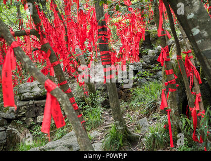 Red ribbon with written wishes hangging on the trees at Tianmen Mountain, The Heaven's Gate at Zhangjiagie, Hunan Province, China, Asia Stock Photo