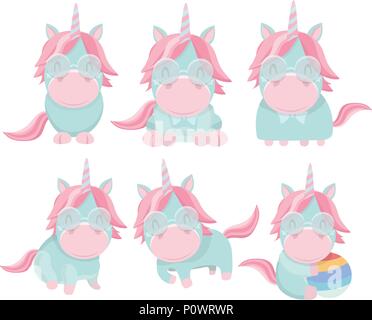 Vector collection of flat funny unicorns isolated on white background. Stock Vector