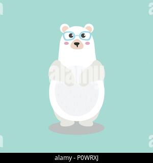 A Cute Polar bear character with funny nerd glasses isolated on sky blue background. Flat design vector illustration. Stock Vector