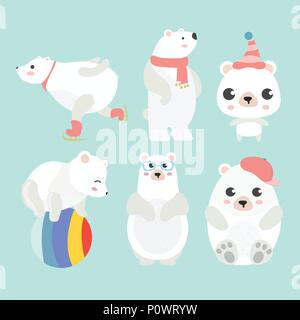 Cute cartoon polar bear in different poses. Stock Vector