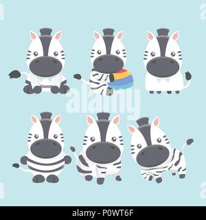 Vector set cute zebra in cartoon style. Stock Vector
