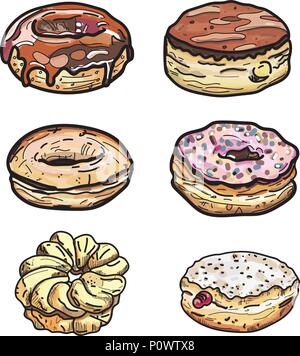 Set of cartoon colorful donuts isolated on white background. Stock Vector