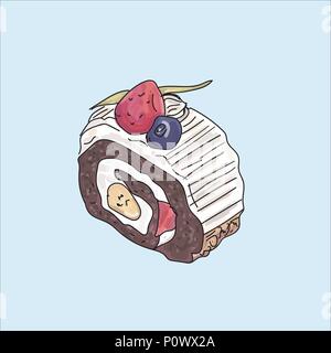 Slice of cake isolated on pastel background. Stock Vector