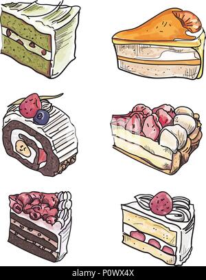 Colorful sweet cakes slices pieces set vector illustration. Stock Vector