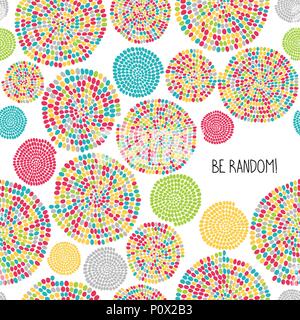 'Be Random!' greeting card. Stylized texture with arcs and circles. Illustration and typography. Hand drawn elements. Can be used as seamless pattern. Stock Vector