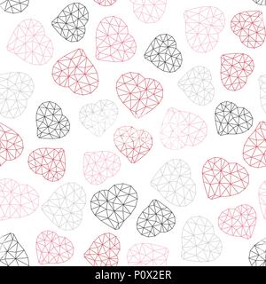 Low-poly polygonal background. Valentine's Day. Seamless pattern with geometric hearts. Holiday template. Abstract texture made of triangles. Outline. Stock Vector
