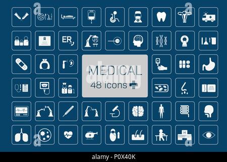 48 medical treatment and equipment icons on blue background vector illustration Stock Vector