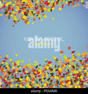 Rainy Days are Coming. Fall postcard or flyer. Cloudy autumn banner. Falling leaves. Warm background with copy space. Colorful foliage postcard. Can b Stock Vector