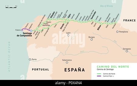 Camino del Norte map. Camino De Santiago or The Way of St.James. Ancient pilgrimage path to the Santiago de Compostella on the north of Spain. Stock Vector