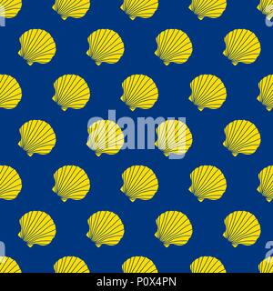 Yellow scallop shells on the blue background. Camino de Santiago sign. Seamless pattern. Pilgrims navigation sign. Symbol of the Camino de Santiago in Stock Vector