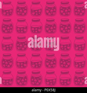 Red Pink seamless pattern with the Strawberry jam jars. Plain shadeless background with Strawberries for decoration or background. Stock Vector