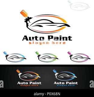 Car Painting Logo with Spray Gun and Sport Car Concept Stock Vector