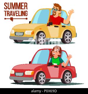 Summer Travelling By Car Vector. Male, Female. Girl And Boy In Summer Vacation. Driving Machine. Rides In The Car. Road Trip. Side View. Isolated Flat Cartoon Illustration Stock Vector