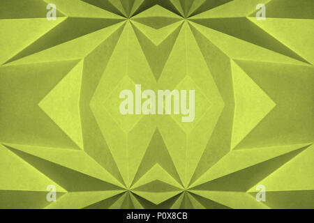 Lime Punch, Pantone 13-0550 . yellow green background abstract wallpaper. folded paper; shallow focus, angular, monochrome folded paper. Stock Photo