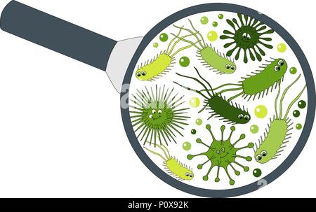 Bacterial microorganism in a magnifier. Bacteria and germs colorful set, micro-organisms, bacteria, viruses, fungi, protozoa under the rejuvenating glass Stock Vector