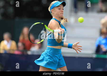 Nottingham Tennis Centre, Nottingham, UK. 10th June, 2018. The Nature Valley Open Tennis Tournament; Katie Swan of Great Britain plays a forehand shot Paula Badosa Gibert of Spain Credit: Action Plus Sports/Alamy Live News