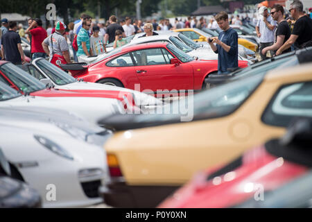 10 June 2018 Stuttgart, Germany: Different Porsche models are exhibited during the 'Sportscar Together Day' by Porsche. The 8th of June 1948 is the birthday of the first Porsche, the 356 Roadster. This jubilee is celebrated between the 8th and the 10th June with numerous events under the slogan 'Sportscar Together Day'. Photo: Sebastian Gollnow/dpa Credit: dpa picture alliance/Alamy Live News Stock Photo