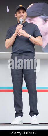 10 June 2018 Stuttgart, Germany: US actor Patrick Dempsey speaks during the 'Sportscar Together Day' by Porsche. The 8th of June 1948 is the birthday of the first Porsche, the 356 Roadster. This jubilee is celebrated between the 8th and the 10th June with numerous events under the slogan 'Sportscar Together Day'. Photo: Sebastian Gollnow/dpa Credit: dpa picture alliance/Alamy Live News Stock Photo