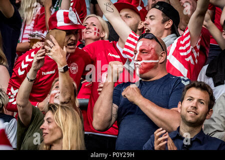 Denmark, Brøndby - June 09, 2018. Danish football fans are cheering for Denmark during the football friendly between Denmark and Mexico at Brøndby Stadion. (Photo credit: Gonzales Photo - Kim M. Leland). Credit: Gonzales Photo/Alamy Live News Stock Photo