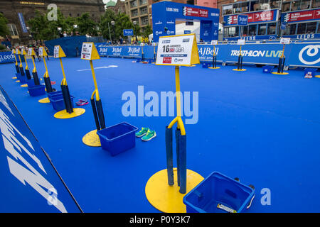 Leeds, UK. 10th June, 2018. AJ Bell World Triathlon Series, Leeds; General view of Transition area from cycling to running next to the finish area Credit: Action Plus Sports/Alamy Live News Stock Photo