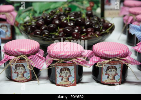 Metaxochori, Greece. 9th June, 2018. Homemade cherry jams are seen during the 39th Cherry Festival held in Metaxochori, a village located in the heart of one of the biggest cherry production areas in Greece, June 9, 2018. Credit: Apostolos Domalis/Xinhua/Alamy Live News Stock Photo