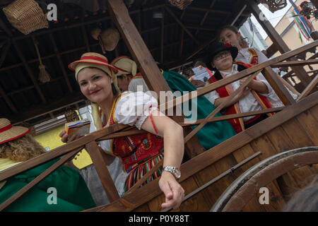 Orotava, Tenerife, Canary Islands, June 10, 2018: Thousands of people in Canaries regional costumes take the streets at a festival and a Pilgrimage to celebrate country traditions in La Orotava, Tenerife, Canary Islands, in honour of San Isidro Labrador and Santa Maria de la Cabeza, patrons of the area. They dance, sing, and give away food or drinks to those attending the event, spectator or active participant. Stock Photo