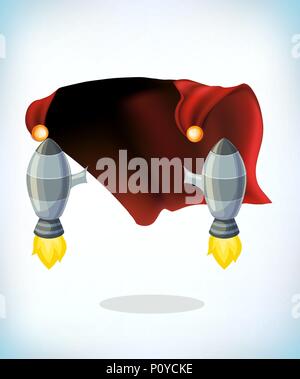 rocket launch. Upgrading old technology as upgrade in business concept. Turbojet air engine or turbine. Funny super hero flying with cloak. Funny supe Stock Vector