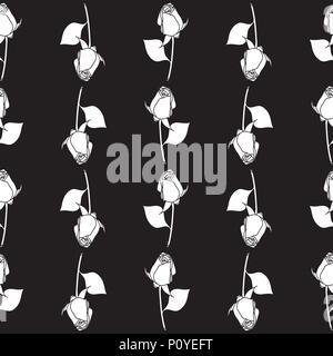 Seamless vector floral monochromatic roses pattern. Black and white colors Stock Vector