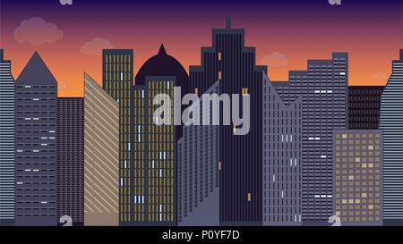 Horizontally seamless vector illustration of cityscape. Night. Colorful. Panoramic view. Stock Vector