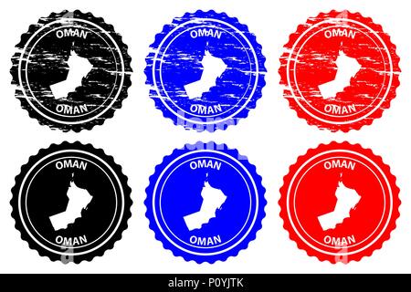 Oman - rubber stamp - vector, Sultanate of Oman map pattern - sticker - black, blue and red Stock Vector