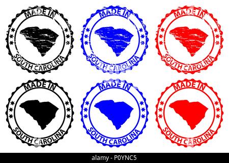 Made in South Carolina - rubber stamp - vector, South Carolina (United States of America) map pattern - black, blue  and red Stock Vector