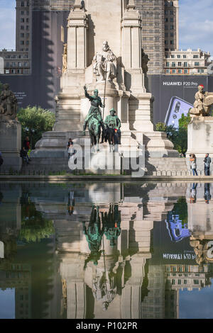 Don Quixote Madrid, view of the statue of Don Quixote and Sancho Panza at the Cervantes Monument in the Plaza de Espana in Madrid, Spain. Stock Photo