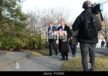 Nigel Farage And Michael Ashcroft Lay A Reef At The Grave Of Sir John Dill .Pictured  At The Arlington National Cemetery.Virginia.USA  Featuring: Nigel Farage And Michael Ashcroft Where: Virginia, Washington DC, United States When: 19 Jan 2017 Credit: Steve Finn/WENN Stock Photo