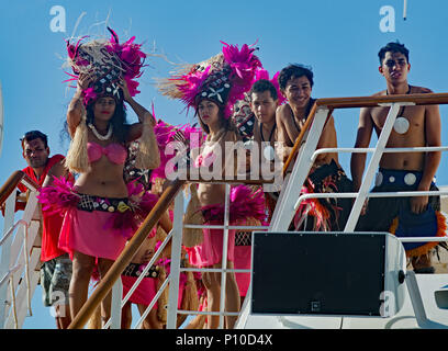 The Cruise Liner MS Paul Gauguin on Tour Around The Society Islands Rarotonga and Atutaki of the Pacific. Stock Photo